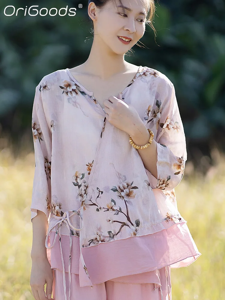 OriGoods-camisa con estampado de ramio para mujer, ropa informal holgada de estilo chino, rosa, fina, Original, para verano, 2022, E078