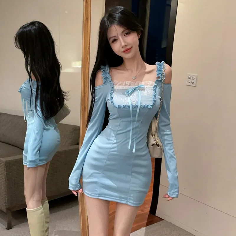 Милое пикантное платье с длинными рукавами для девочек синее кружевное женское