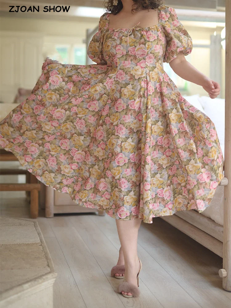 

Женское длинное платье с бантом, желтое платье макси с цветочным принтом и зелеными листьями, платье с квадратным вырезом и пышными рукавам...