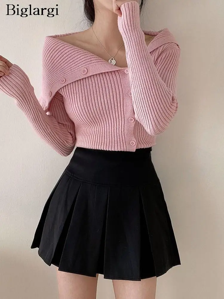 

Knitted Autumn Sweater Women Pink Off Shoulder Bodycon Long Sleeve Ladies Sweaters Fashion Casual Woman Tops 2023