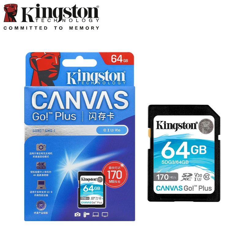 

Kingston Canvas Go Plus SD Card 64GB 128GB 256GB 512GB Memory Card Up to 170MB/s read V30 U3 Flash Card SDG3 C10 for Camera
