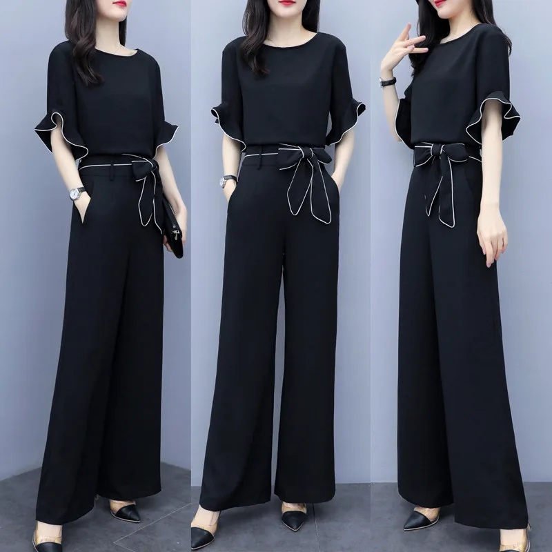 

Wide Leg Pants Suit Women's Summer Two 2 Piece Set Elegant Clothes Black Tops and Office Ladies Flare Trousers Female