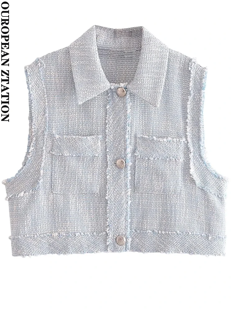 

Модный женский укороченный текстурированный жилет PAILETE с накладными карманами, винтажная женская верхняя одежда без рукавов на пуговицах, шикарный жилет, топы, 2023