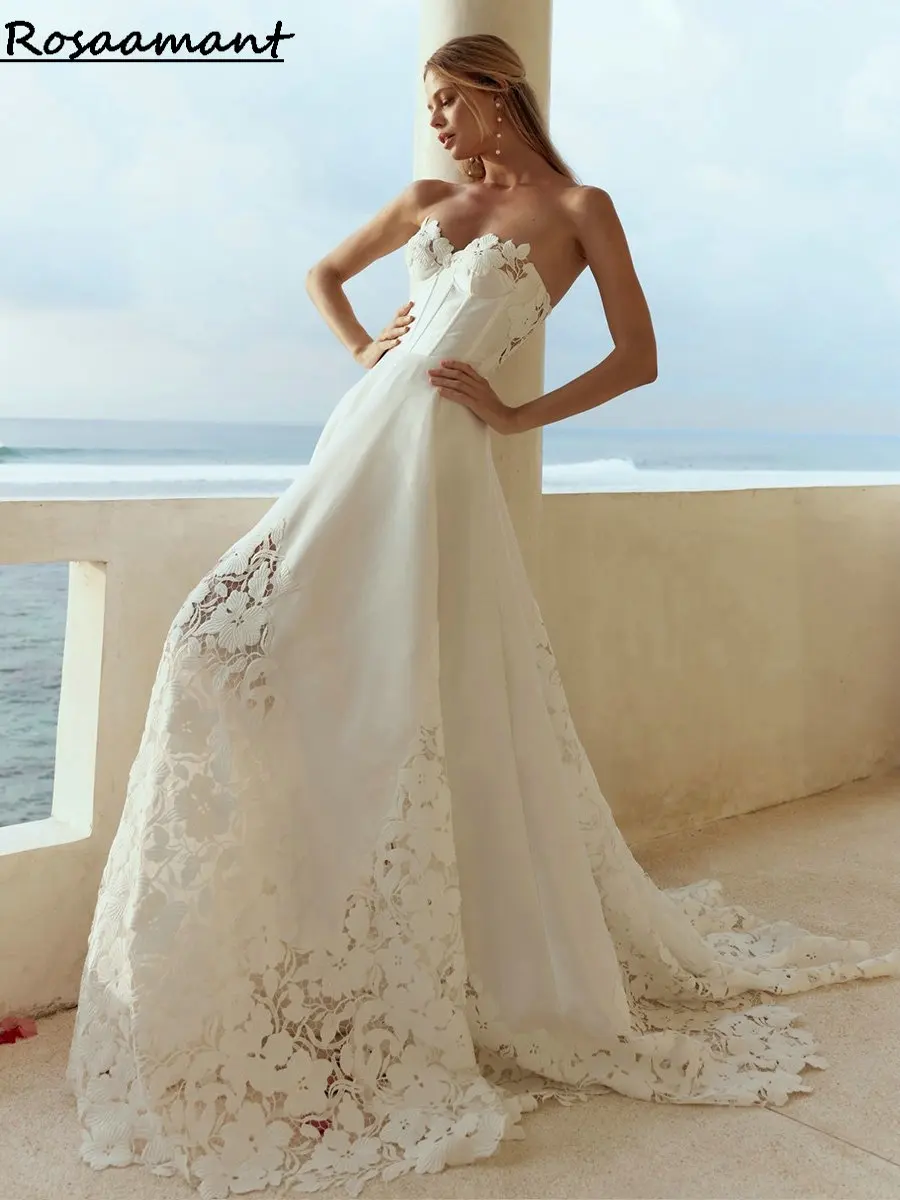 

Boho Illusion Floral Appliques Lace A-Line Wedding Dresses Sweetheart Sleeveless Country Bridal Gowns
