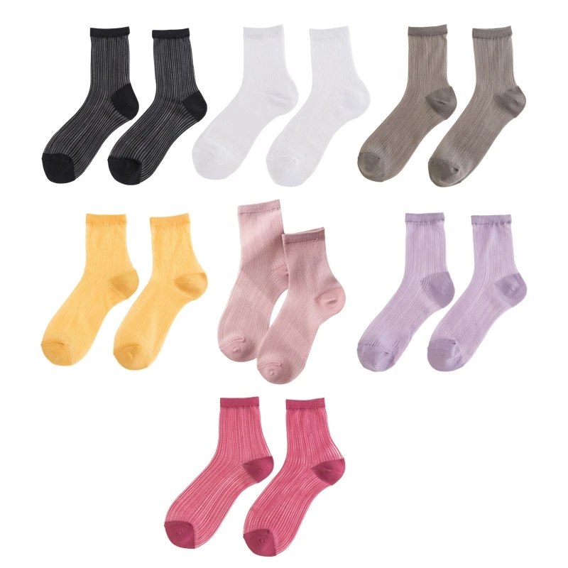

Korean Style Women Glass Fiber Silky Thin Ankle Socks Korean Style Sweet Bright Candy Color Summer Mesh Striped Hosiery