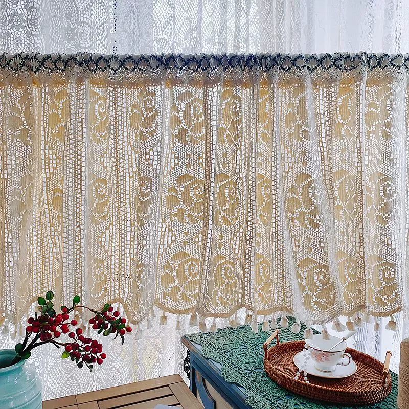 

40cm Height Cotton Thread Crochet Curtain With Tassel Cafe Curtain Kitchen Curtains Classic Rose 2023 New Decoration For Room