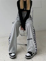 qweek hip hop plaid pants women korean style oversize wide leg checkered trousers grey jogging sweatpants patchwork streetwear