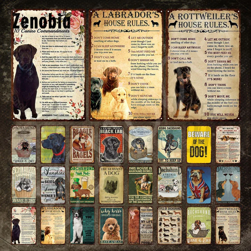 

Dog Vintage Tin Sign A Labrador's House Rules and A Rottweiler's House Rules Retro Metal Signs Tin Signs Metal Plate Home Decor