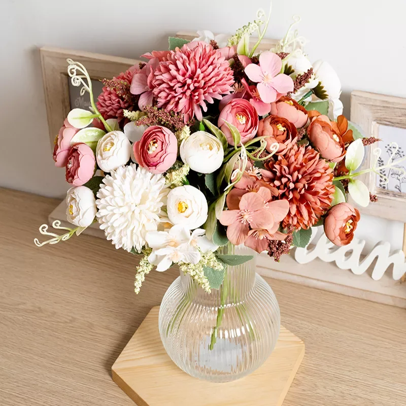 

White Tea Rose Artificial Silk Flowers Autumn High Quality DIY Wedding Home Living Room Decoration Fake Flower Hydrangea Bouquet