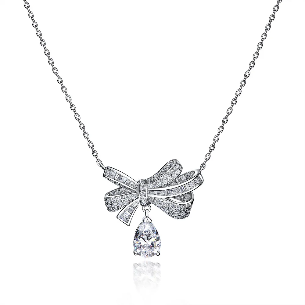 

Real 925 Sterling Silver Luxury Genuine Necklace Butterfly Bowknot 8A Cubic Zirconia Stone Necklaces For Women Gift