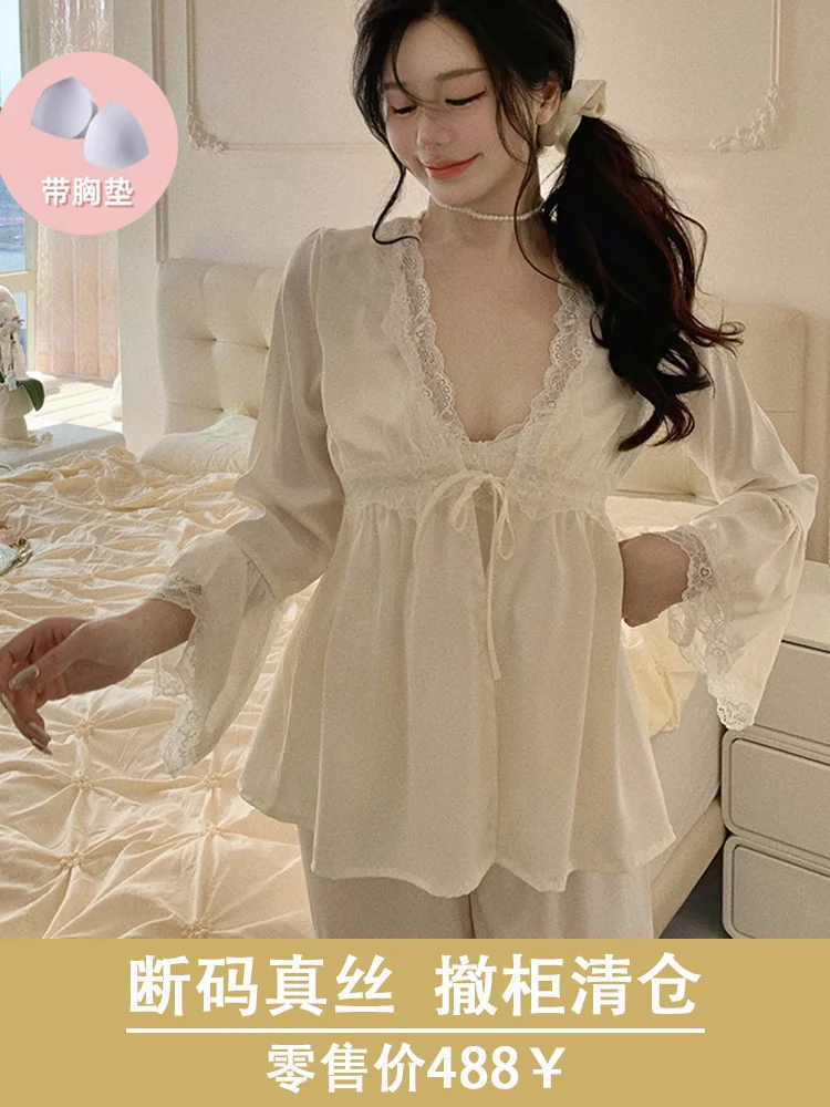 With Chest Pad Silk Pajamas Women Spring and Autumn Long sleeve Sling Trousers Three-Piece Suit Home Wear Can B...