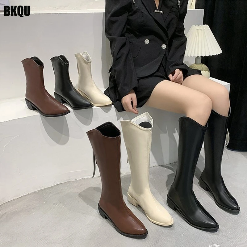 

Women Knee High Boots 20222 Autumn Ladies Pointed Toe Retro Cowboy Mid-calf Boots Zip Outdoor Chunky Heels Pumps Platform Shoes