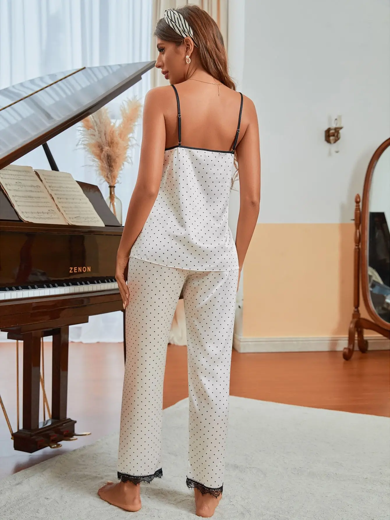 Women Pajamas 3-Piece Set Polka Dot New Robe Sling Top Pants Nightwear V-neck Sleepwear Silky Touch Homewear Lounge Set