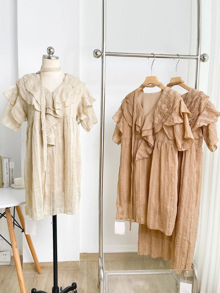 

Cotton Linen Ruffles Women Dress Summer Sweet Style V-Neck Solid Straight Elegant Female Pulls Top Quality