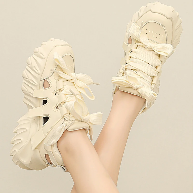 6.5cm Hollow Chunky Fashion Sneakers Genuine Leather Women Vulcanize Sandles New Female Summer Comfy Lace Fashion Females Shoes