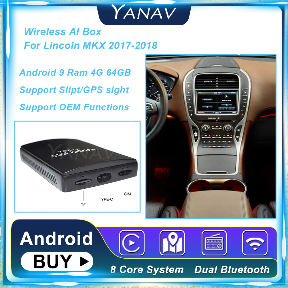 

Android 4G 64 Гб Carplay Беспроводная коробка с ии для Lincion MKX 2017 2018 Qualcomm 450 Ai адаптер коробка мультимедиа Carbo Plug and Play