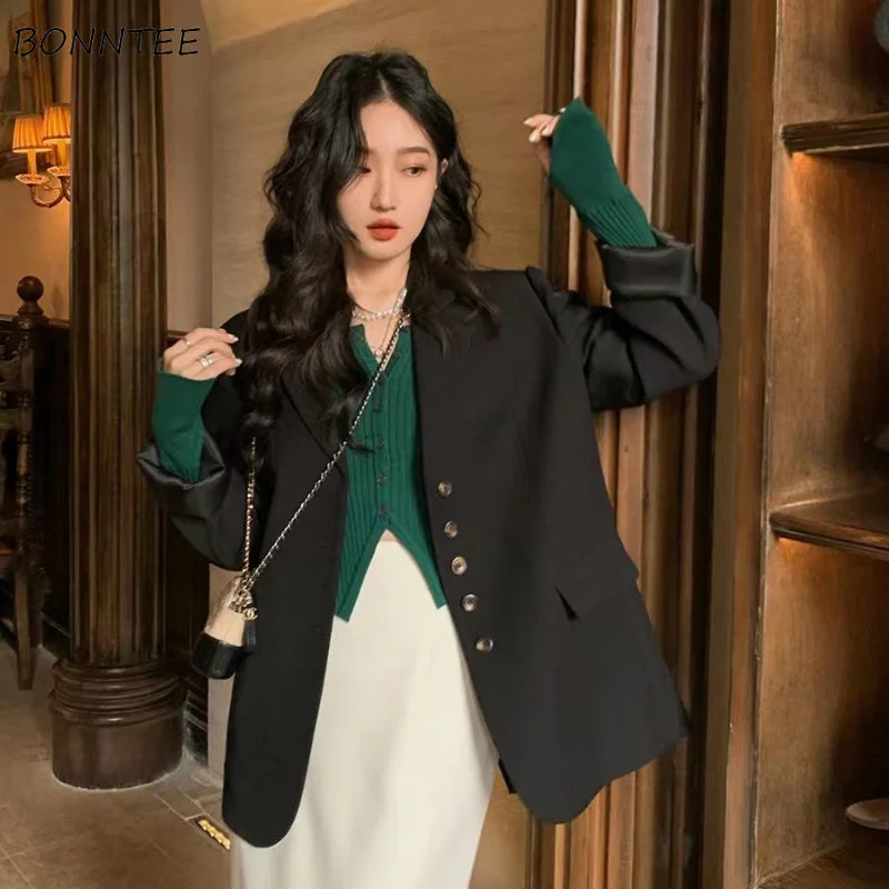 

Women Blazers Black Office Ladies Korean Fashion Notched Clothes Elegant Temper Baggy Designer Minimalist Pure Smart Casual Chic
