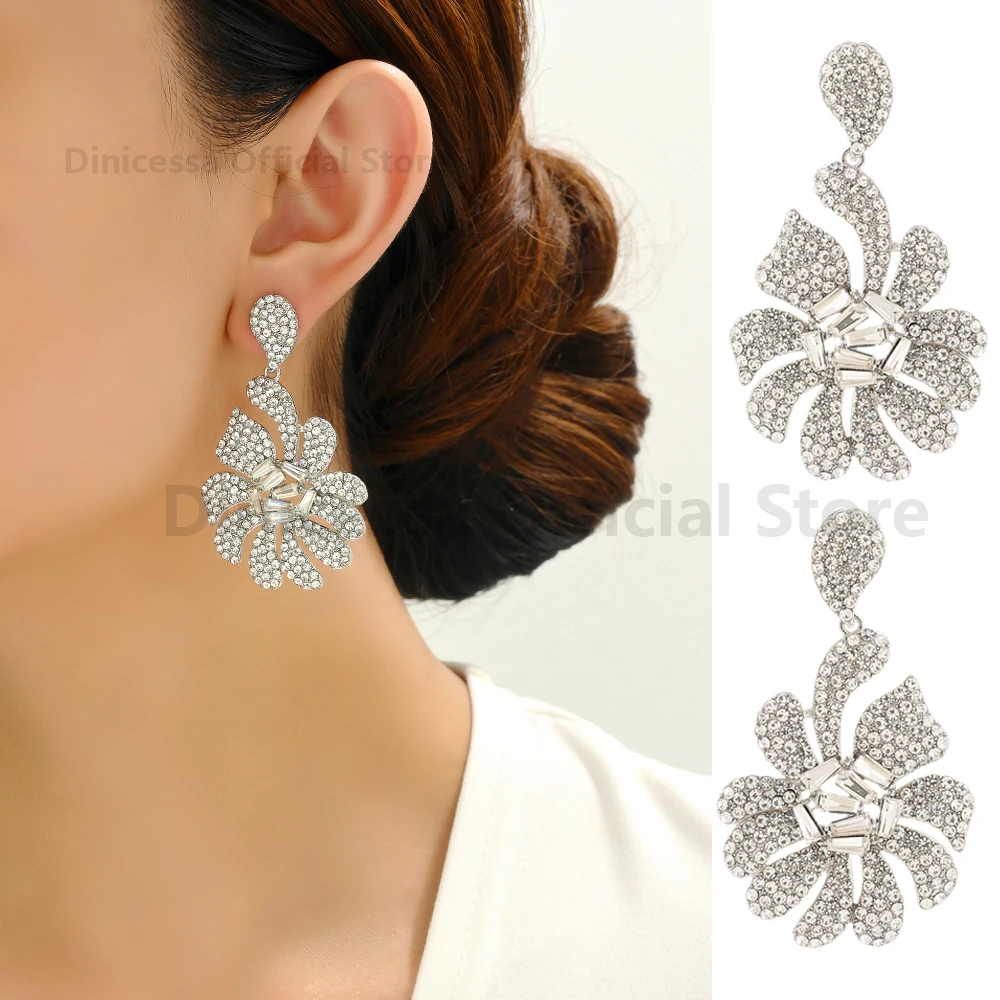 

Flower Rhinestone Dangle Drop Earrings For Women Luxury Design Charm Bridal Wedding Elegant Pendant Jewelry Accessories Modern