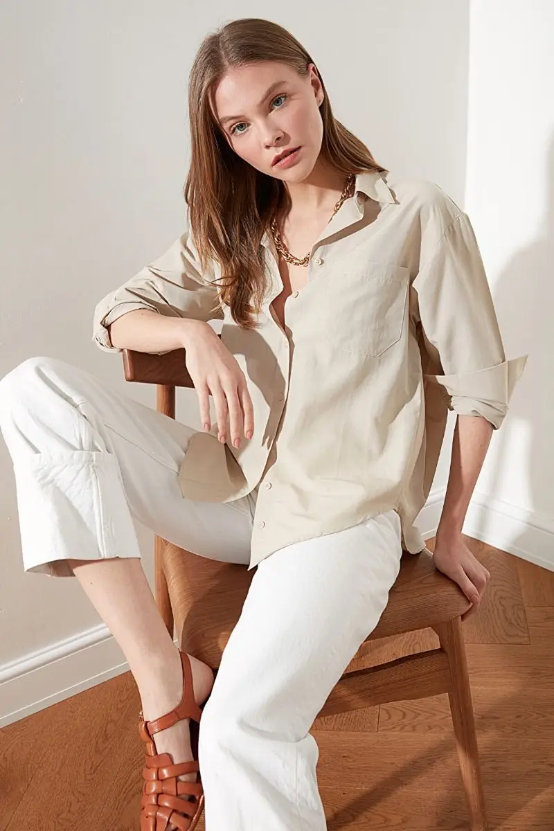 

Beige Boyfriend Shirt women's Trend Clothing Quality Fabric Shirt