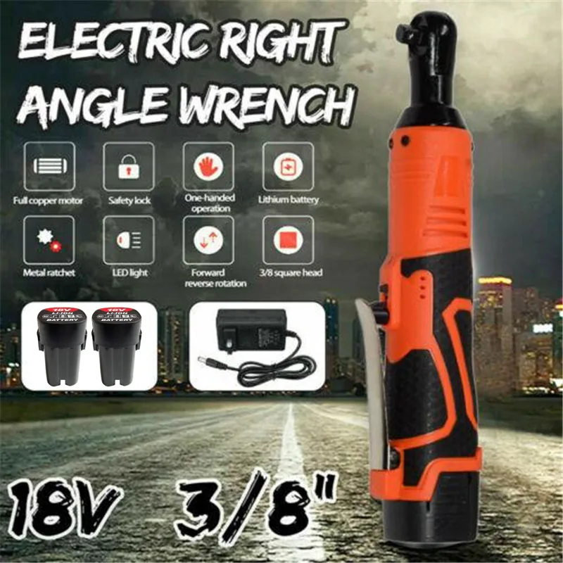 18V Powerful Electric Wrench Cordless Impact Ratchet Rechargeable 100Nm 3/8'' Right Angle Wrench Driver Power Tool with Battery