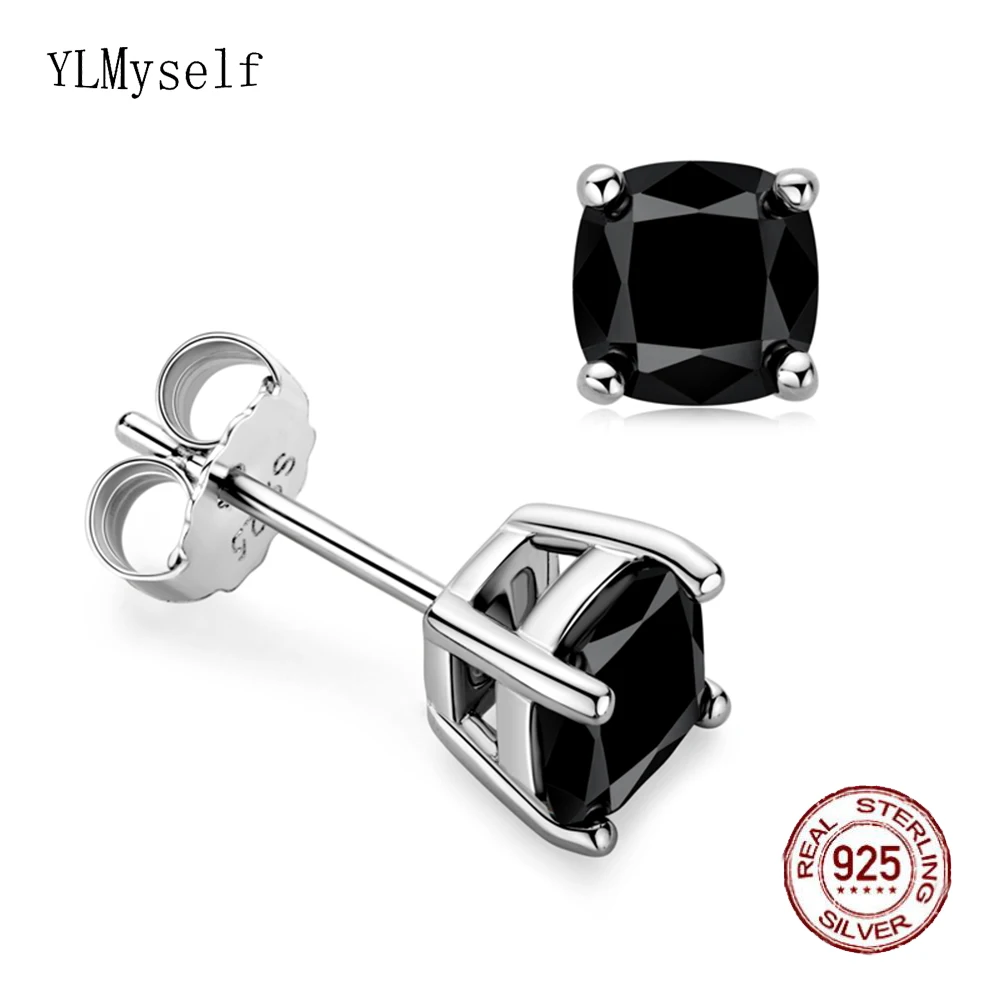 Real 1 Carat Black Moissanite (6*6 mm Square) Diamond Stud Earrings for Men/Women Solid 100% 925 Sterling Silver Jewelry