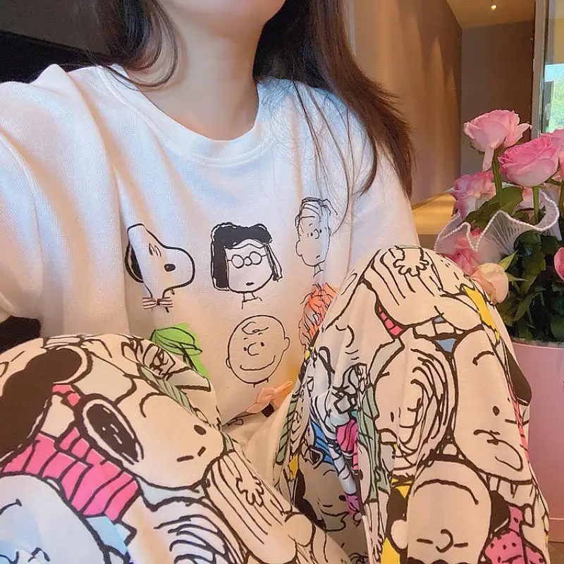 

New Snoopy Pajamas Cotton Long-Sleeved Long Pants Set Lady's Outside The Home Clothes Cartoon Kawaii Anime Plush for Girl Gift
