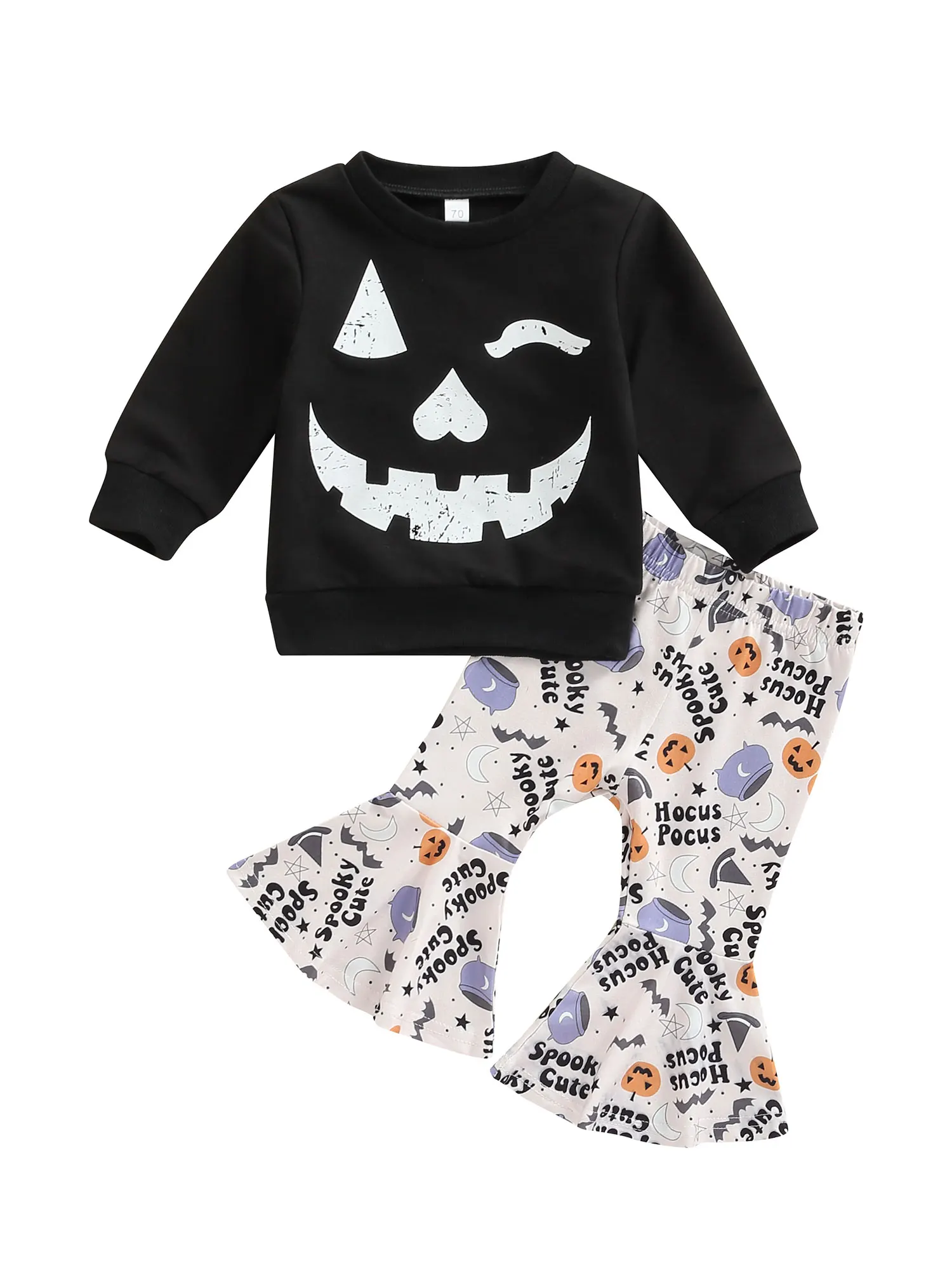 

Костюм на Хэллоуин для маленьких девочек, свитшот с ужасным улыбающимся лицом и принтом, свитер, расклешенные длинные брюки, осенний комплект одежды