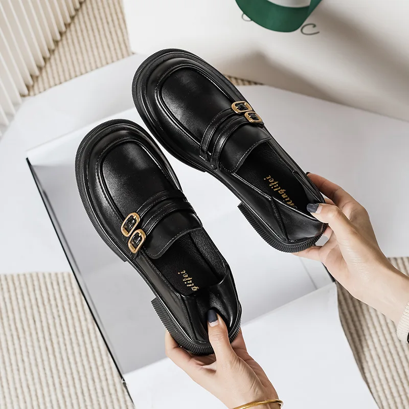 2023 Spring Thick Soled Loafers Women's Retro British Style Leather Shoes Women's Loafers Large Size 41 To 43 Round Toe Med Heel