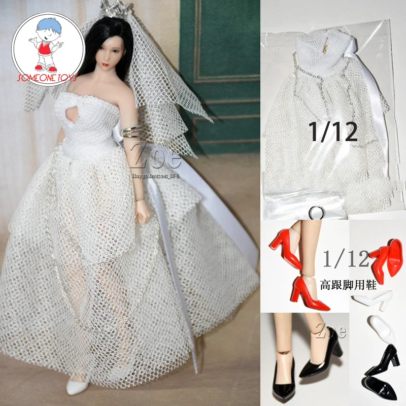 1/12 Female Soldier Crown Princess Dress White Wedding Dress Red High Heels Shoes for 6 Inch TBLeague T01 Body Doll Clothes
