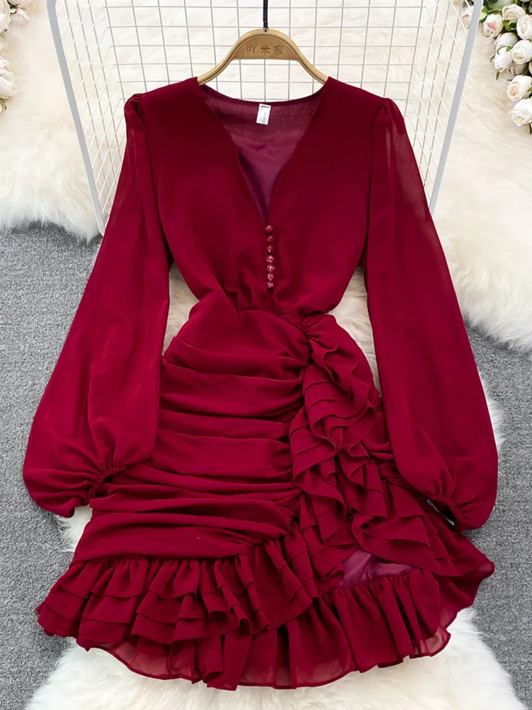 

Женское асимметричное платье с V-образным вырезом и рукавами-фонариками