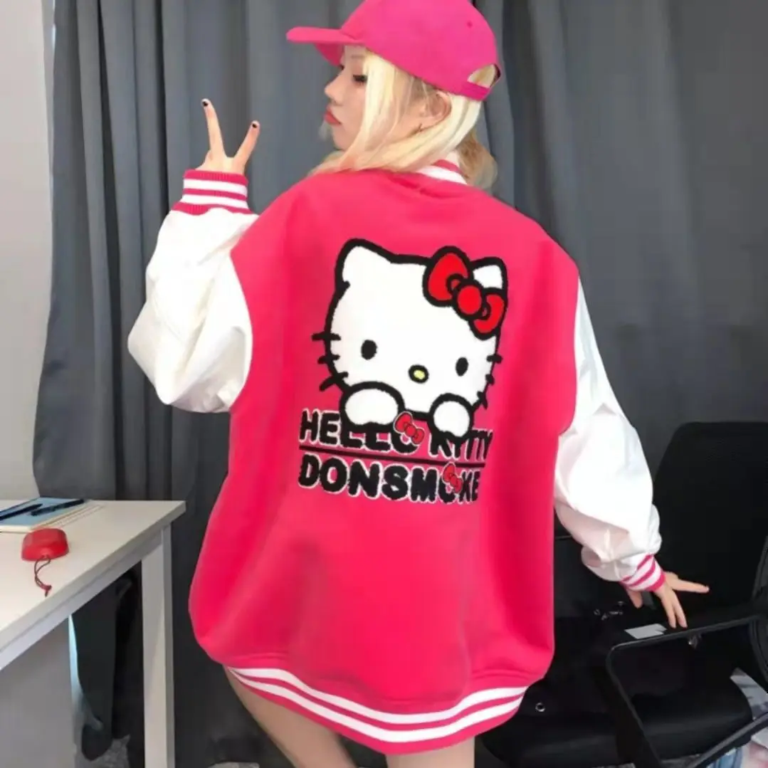 

Куртка Hello Kitty, розовый и красный свитер для колледжа, бейсбольная форма, милая осенне-зимняя куртка с длинными рукавами и Флокированной выши...
