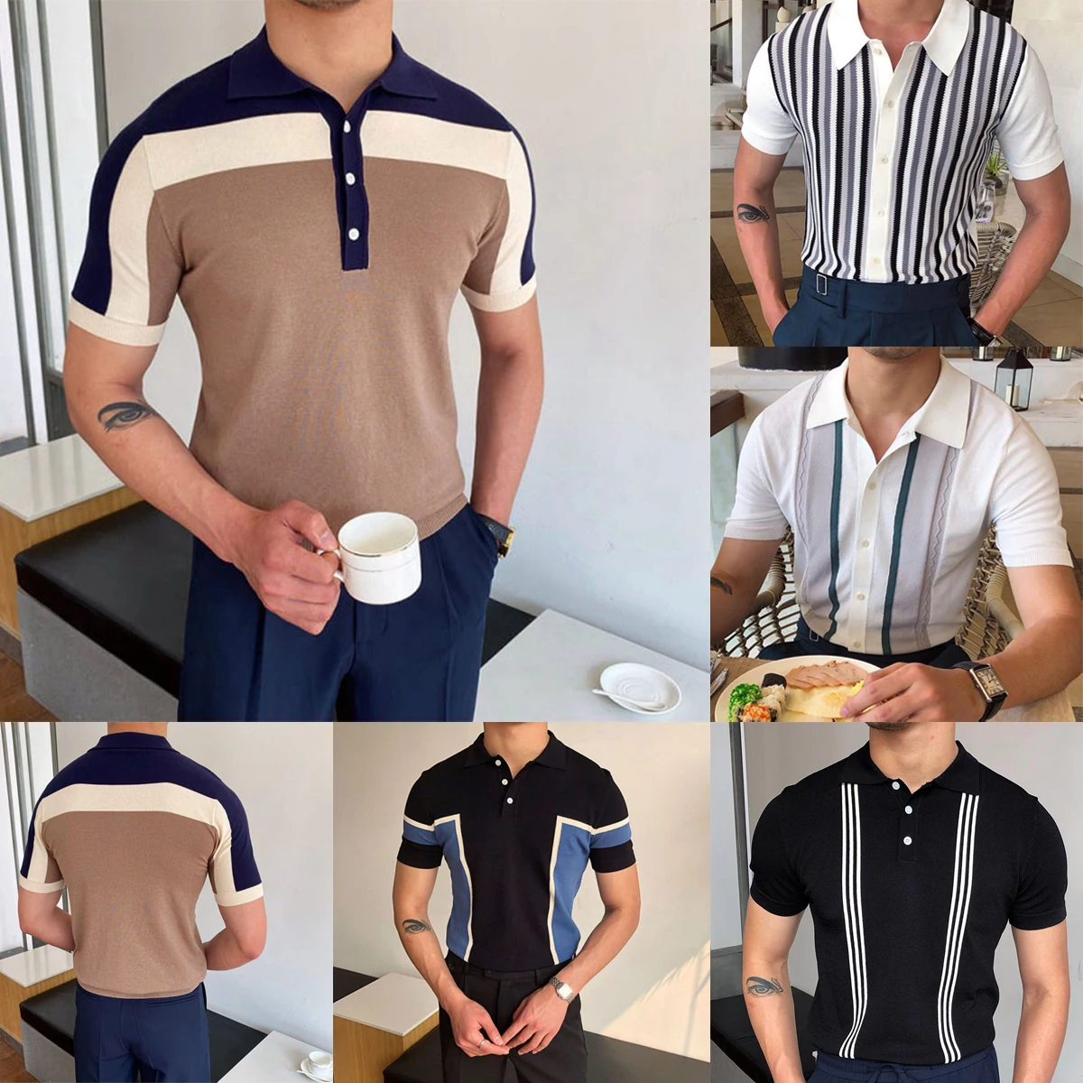 

2022 New Summer Color Matching Gentleman Style High Quality Men Polo Shirts High Street Short Sleeve Mens Button Polo Shirt