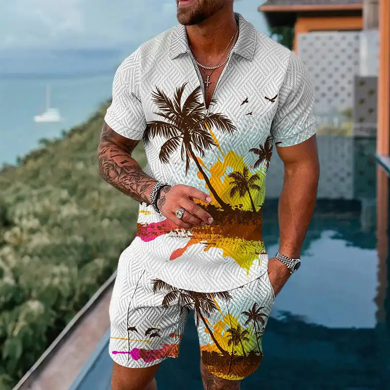 

Men's Summer Tracksuit Hawaiian Vacation Style Polo Shirt Set Turn Down Collar Zipper Clothing Streetwear Casual Outfit Suit