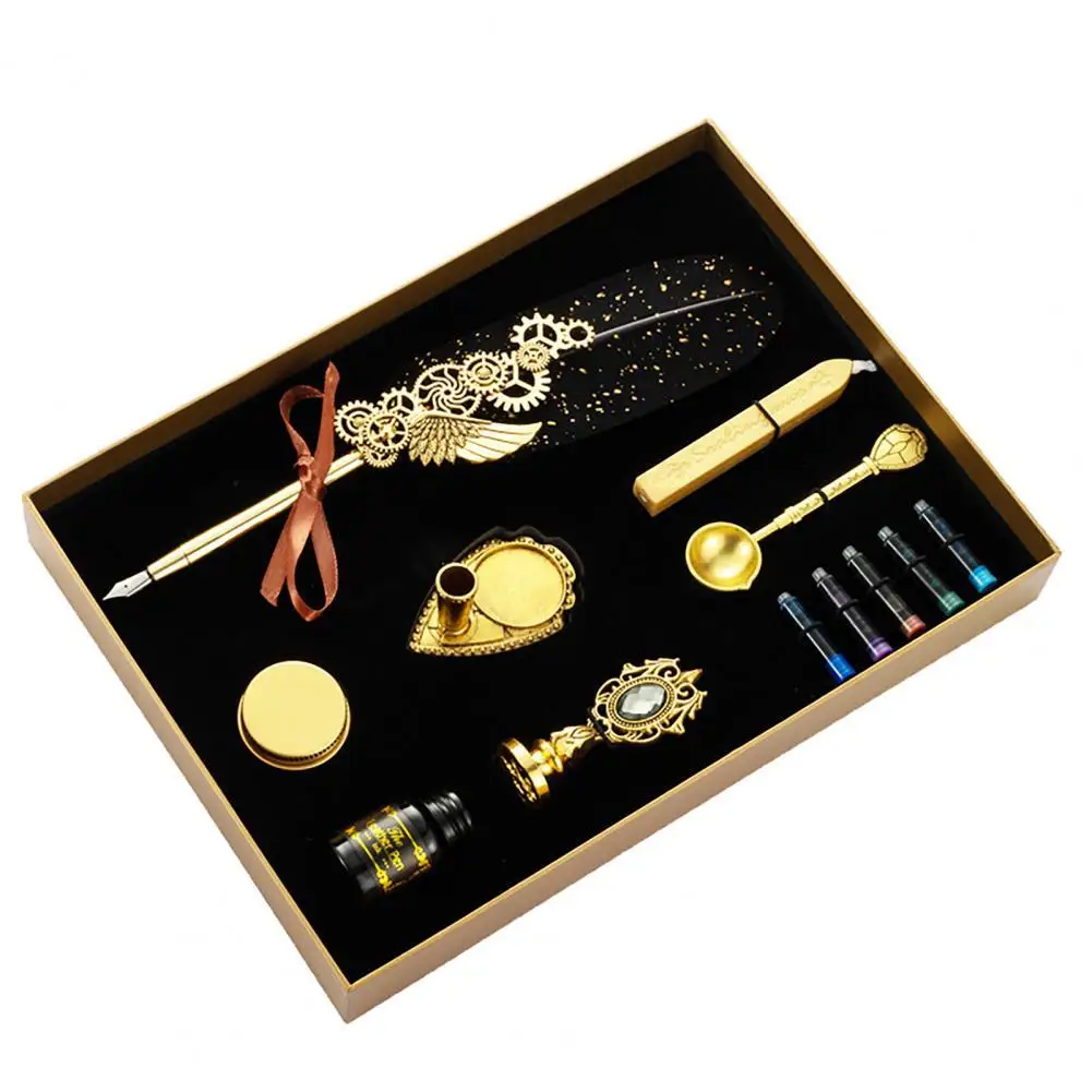 

1 Set Decorative Quill Pen Set Retro Copper Comfortable Vintage Nibs with Birthday Box Grip Ink Set for Study Room Office Gift