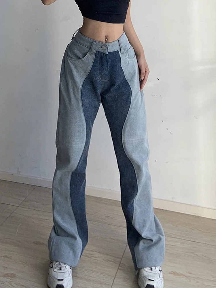 

Denim Patchwork Jeans Women Pants 2022 Splicing Female Straight Chic Wide Trousers ashion Streetwear Baggy Trouser for Girls