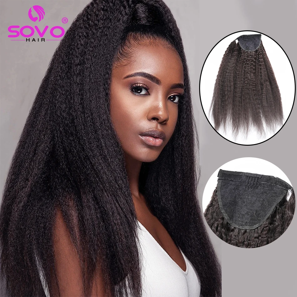160G Kinky Straight Human Hair Ponytail Extensions Wrap Around Ponytail Remy Peruvian Yaki Straight Clip in Hairpiece for Women