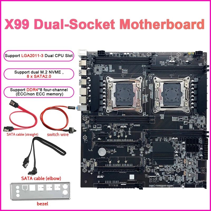 

X99 Dual-Socket E-ATX Motherboard With Switch Cable+2XSATA Cable+Bezel LGA2011-3 Dual CPU DDR4 ECC Memory Slot 8XSATA2.0