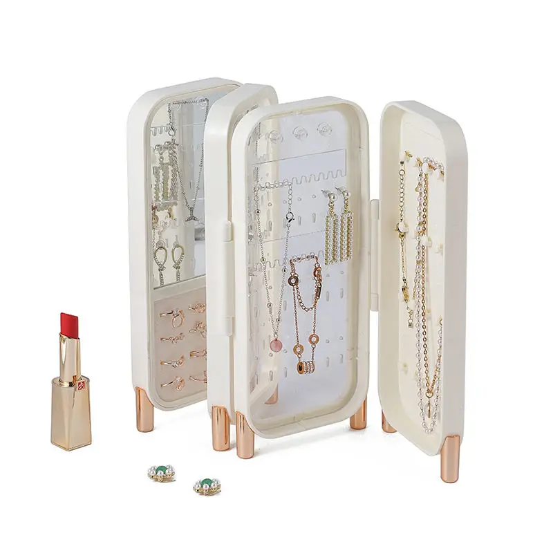 Desktop Jewelry Storage Box Portable Folding Dustproof Earrings Rings Necklaces Rack Display Holder Case for Women Organizer