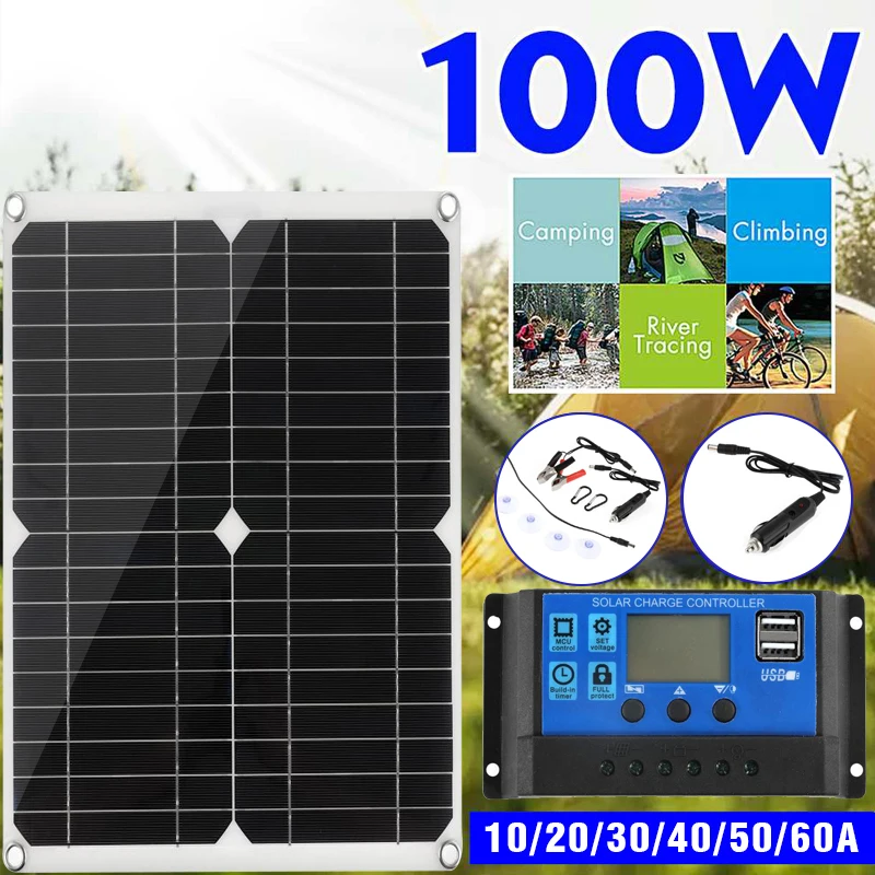 

100W Solar Panel Kit Complete 12V USB With 10/20/30A Controller Solar Cells for Car Yacht RV Boat Moblie Phone Battery Charger