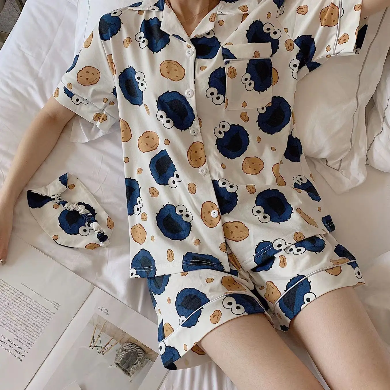 Summer Short Sleeved Pijama Set for Sweet Girls Sesame Print Cartoon Pajama Home Clothes Harajuku Homewear Nightgowns Cotton