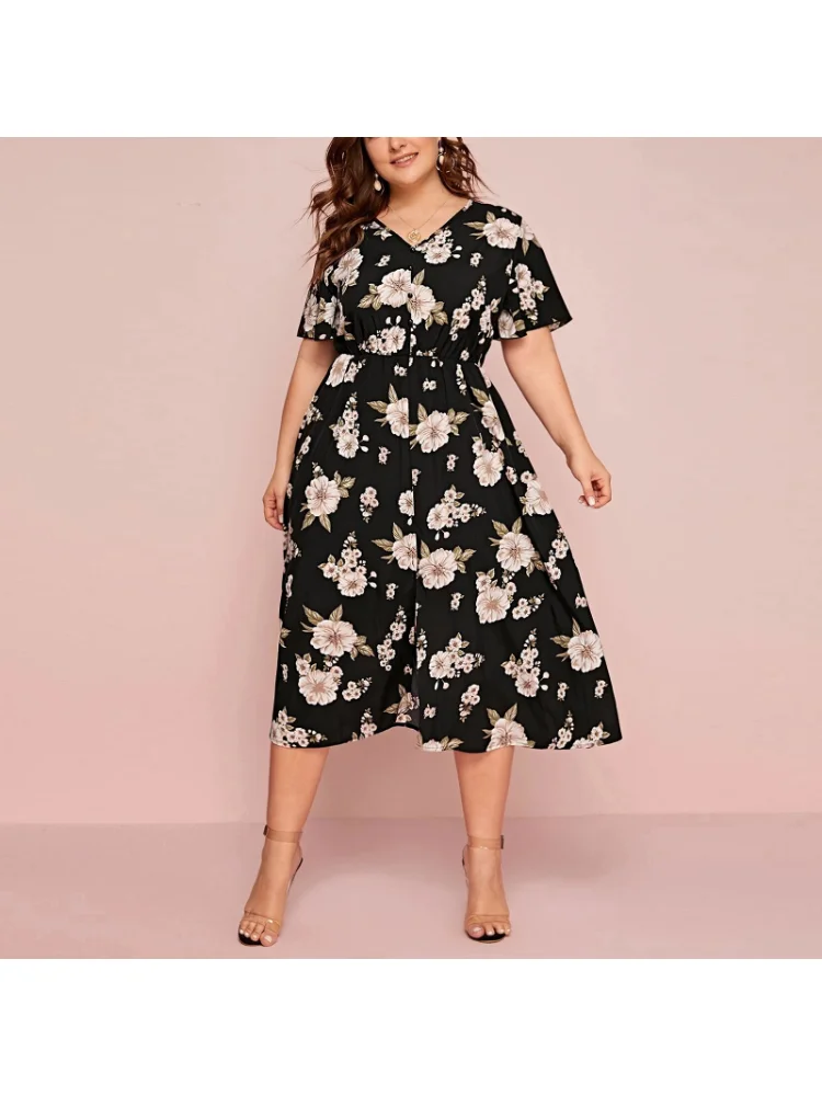 Women's floral print V-neck short-sleeved dress with waist cinched waist loose split midi chiffon plus size dress