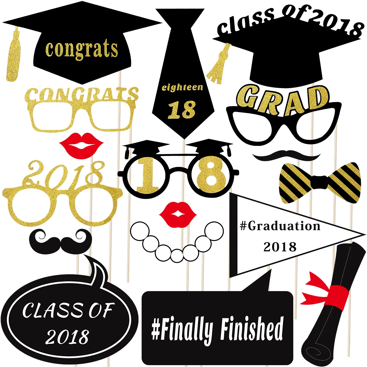 

TINKSKY 18 Pcs 2018 Graduation Party Photo Booth Props Kit Glitter Photo Props for Graduation Favors