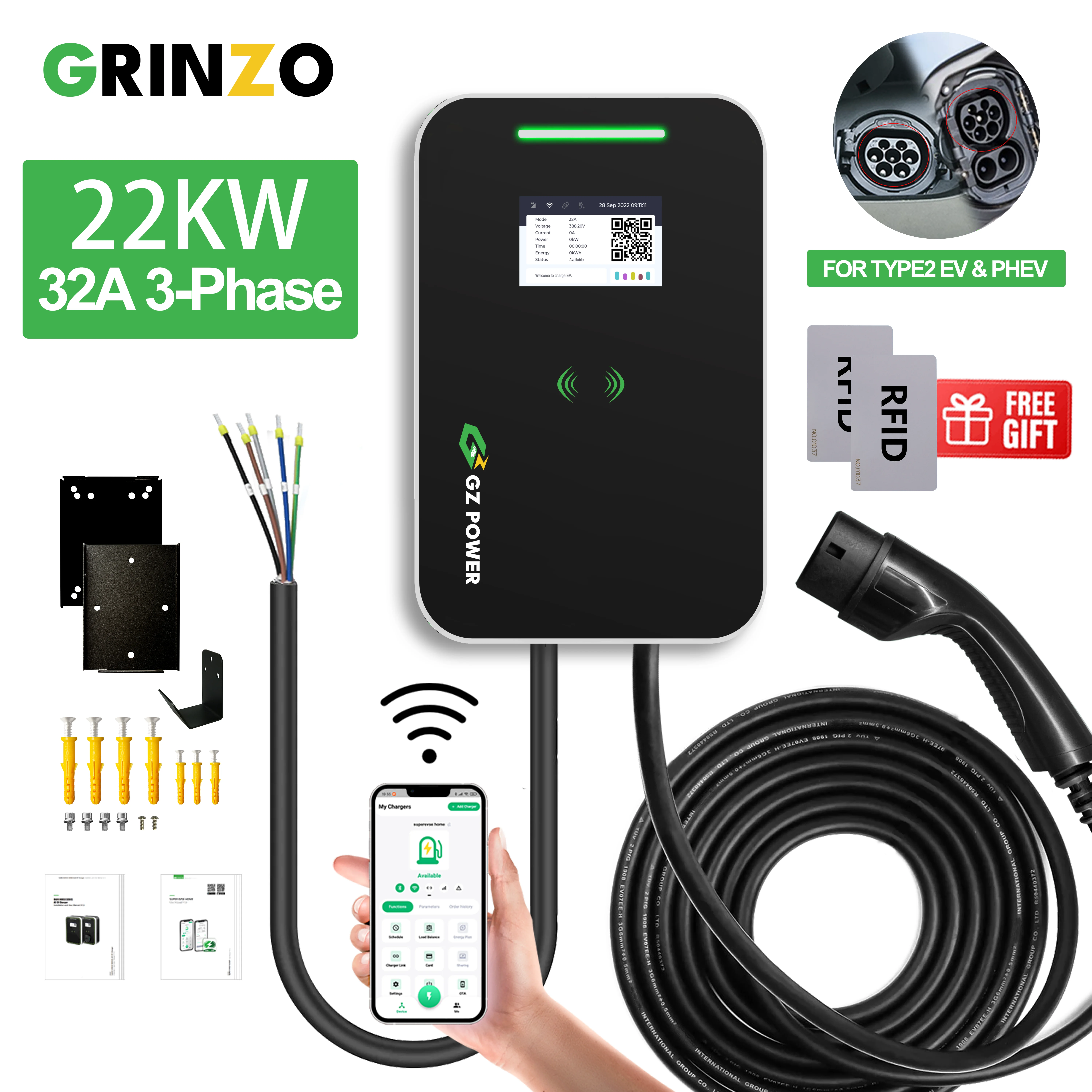 Зарядная Станция Grinzo EV типа 2 кабель 32A 22KW EVSE Wallbox настенное крепление фоторазъем