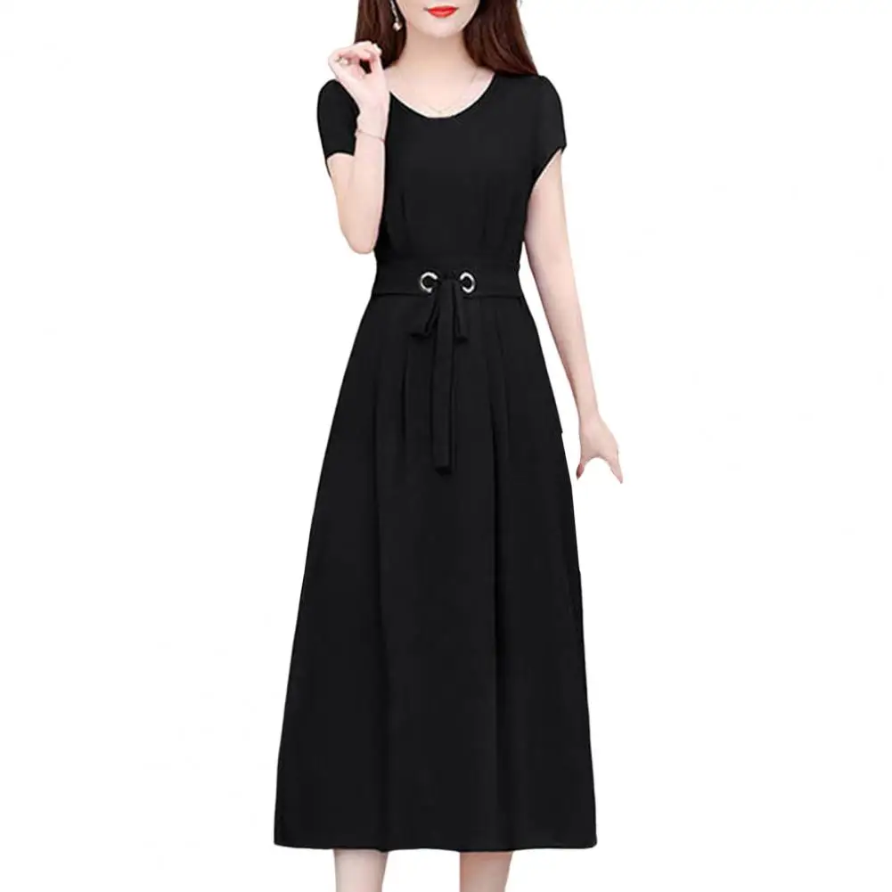 

A-Line Dress Women O-neck Short Sleeve Lace-up Waist Tight Loose Hem Women Dress Clothing