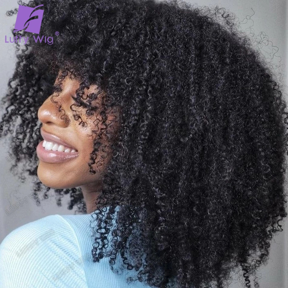 Afro Kinky Curly Human Hair Wig with Bangs Full Machine Made Scalp Top Wig Remy Brazilian Afro Curly Wig Glueless for Women