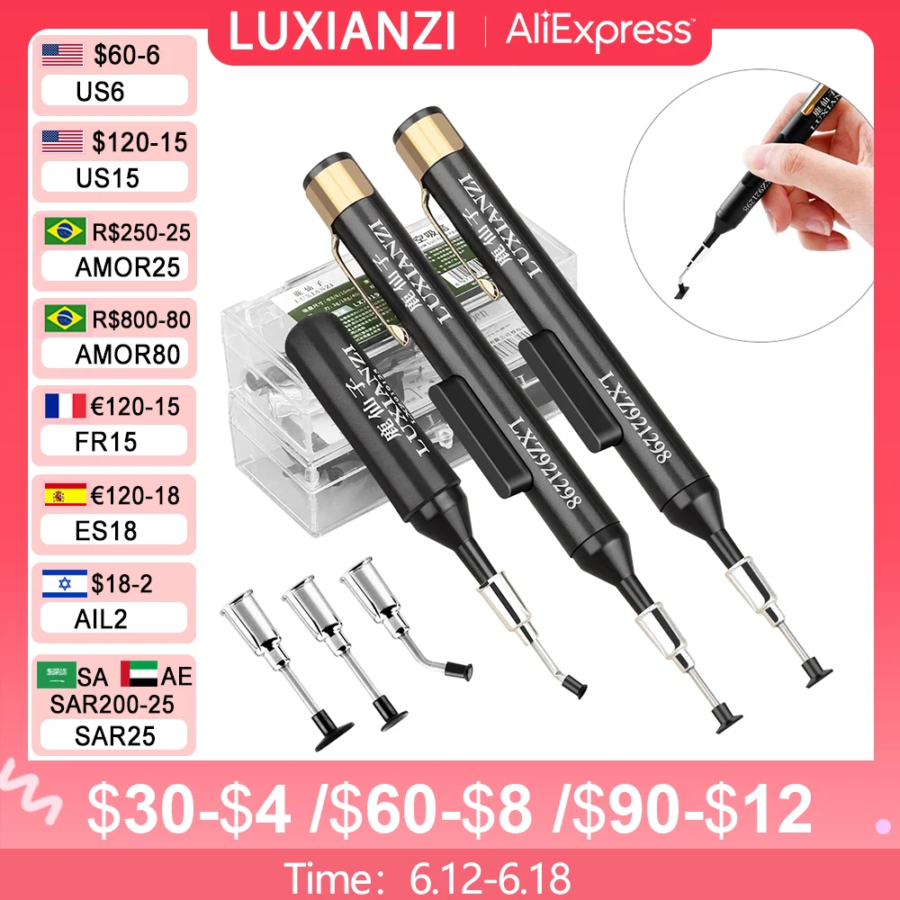 LUXIANZI Vacuum Suction Pen Kit with 3 Sucker IC SMD Tweezers Pick Up Tool Remover Sucker Pump Solder Desoldering ​Sucking Pens