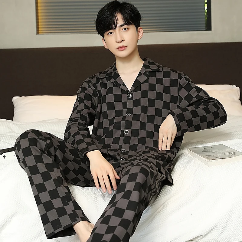QUHENG Men's Pajama Sets Autumn Winter Man Pajamas Set Simple Sleepwear Long Sleeve Cotton Pajamas Men Leisure Home Clothing