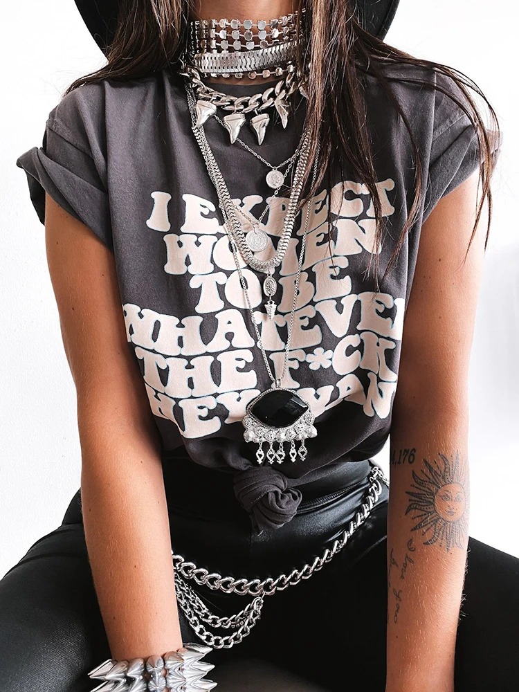 

I Expect Women To Be Printed Funny Women Vintage t shirt Short Sleeve Summer Side Slit Hip Hop Tee Shirt Drop Shoulder Loose Top