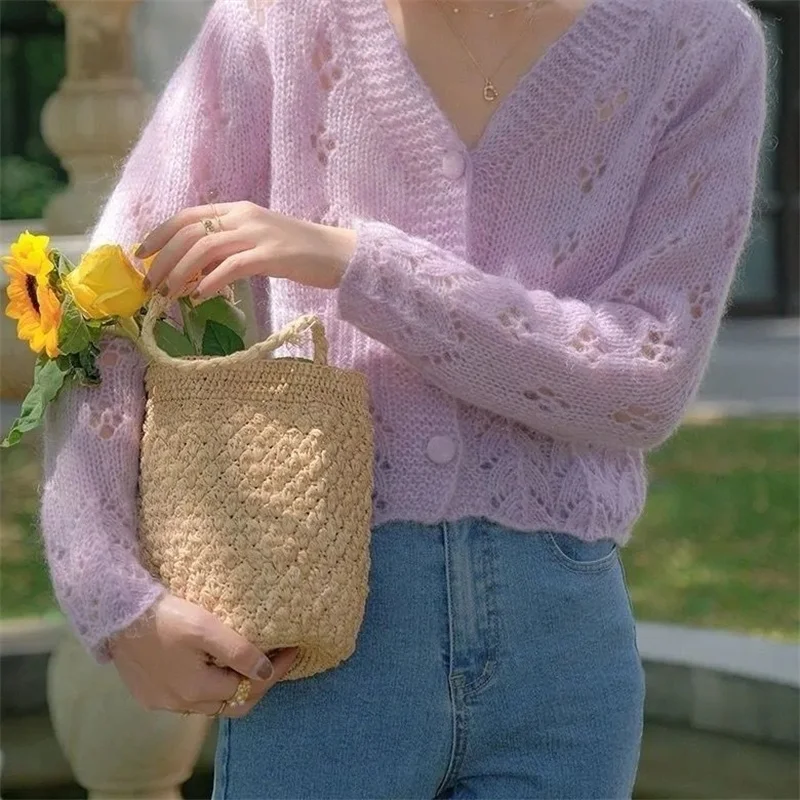 Однобортный женский кардиган с V-образным вырезом элегантный вязаный синий