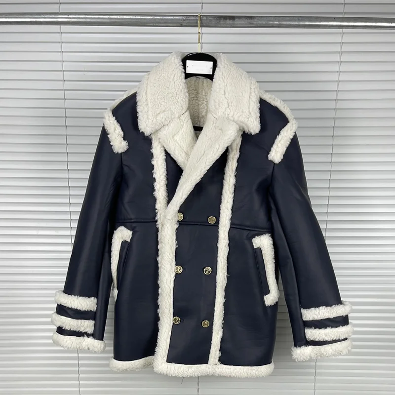 

2022 Fashion TB THOM Brand Leather Jacket Men Turn Down Collar Casual Suede Solid Wool Jacket Striped Thick Fur One Winter Coat